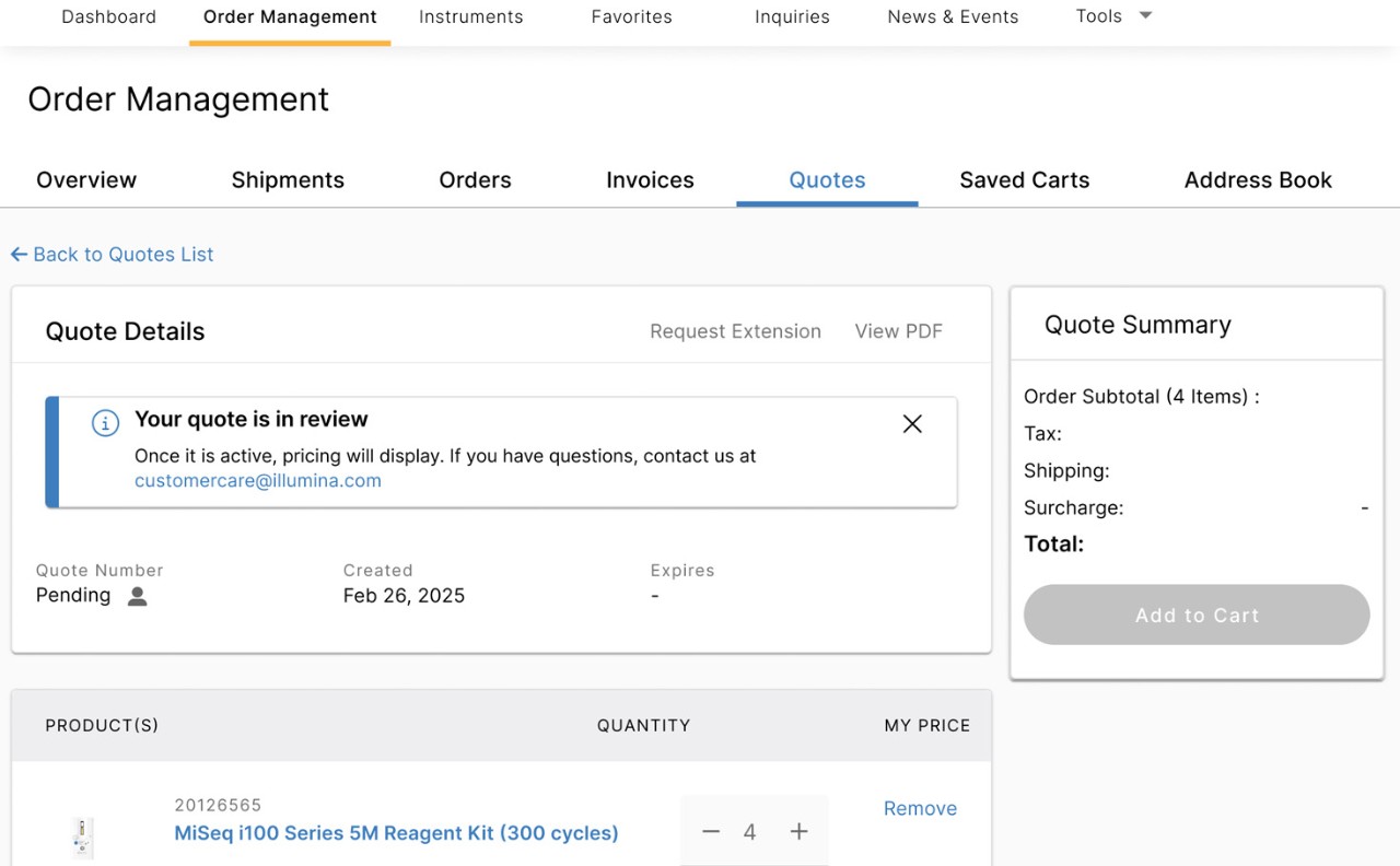 Marketing alert within Illumina cart