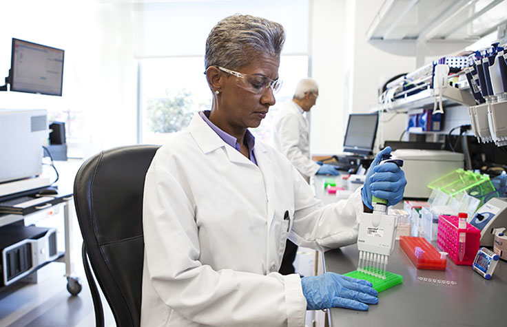 Scientists Pipetting and Viewing a Computer